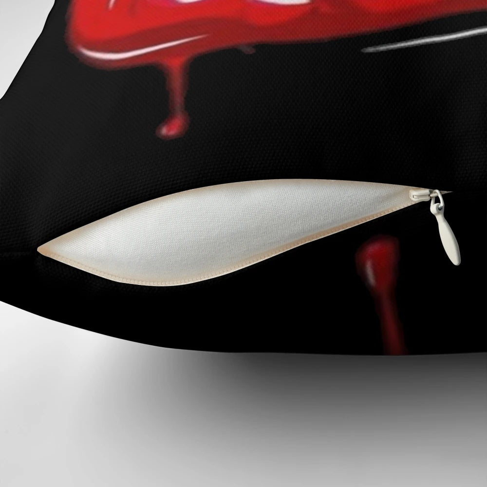 Stunning metallic pillow featuring a woman's lips holding a bullet, perfect for adding a touch of glamour to any bedroom.