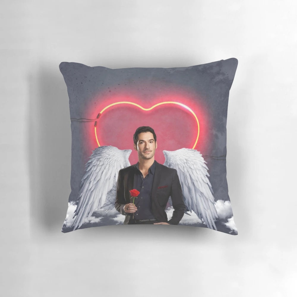 Soft, plush pillow featuring the Lucifer logo and angelic design, perfect for fans of the Netflix series.