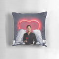 Soft, plush pillow featuring the Lucifer logo and angelic design, perfect for fans of the Netflix series.