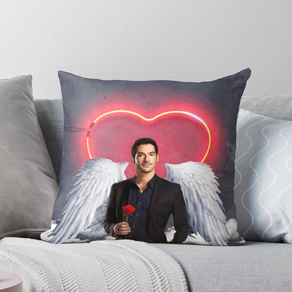 Soft, plush pillow featuring the Lucifer logo and angelic design, perfect for fans of the Netflix series.