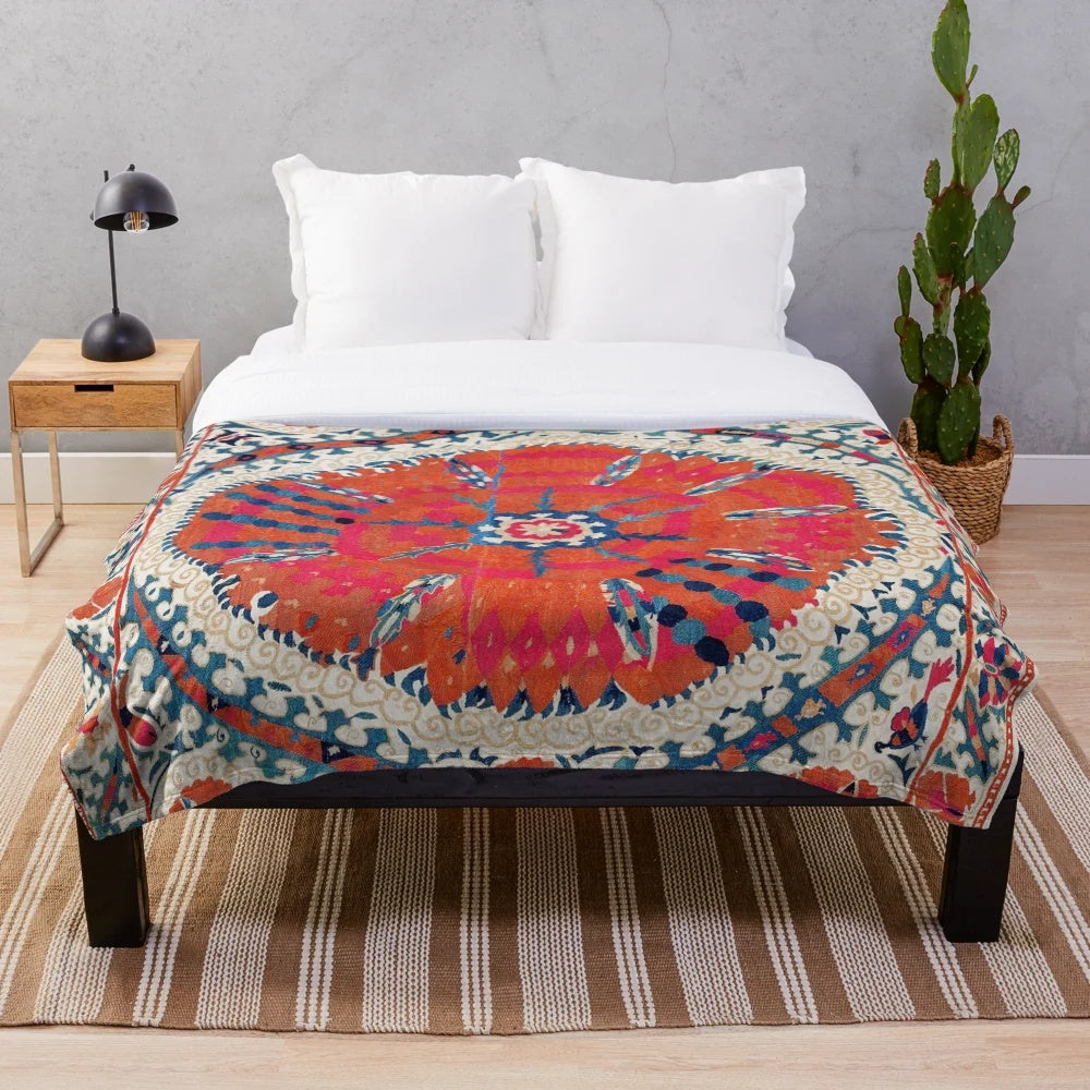 Large medallion suzani bokhara uzbekistan embroidery print plush blanket