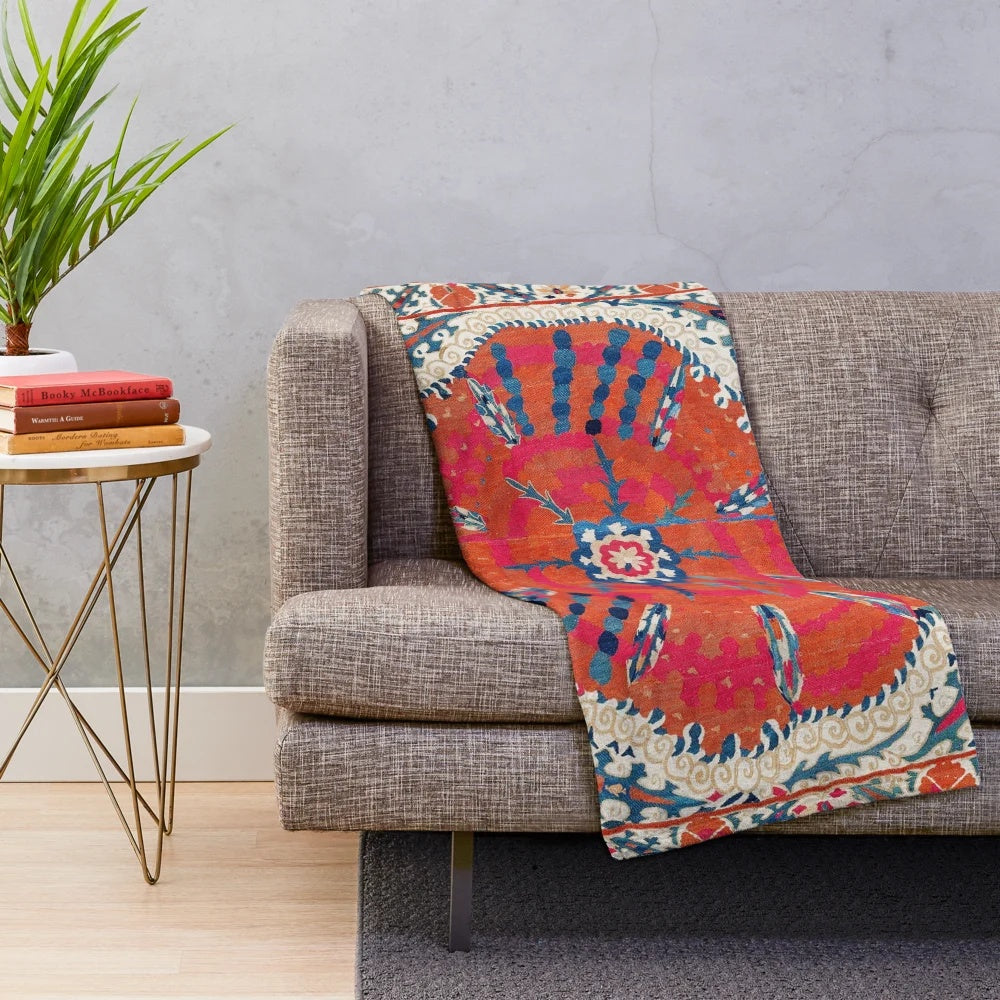 Large medallion suzani bokhara uzbekistan embroidery print plush blanket