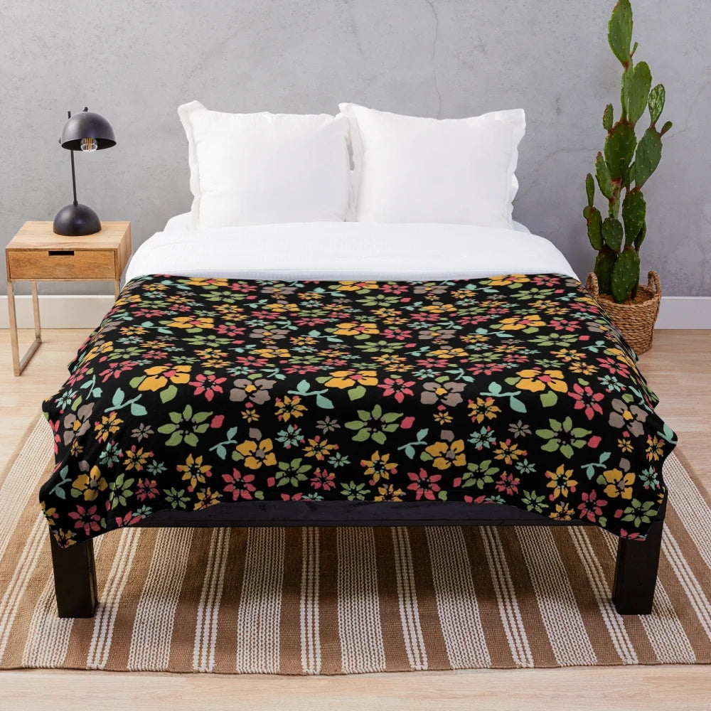 Midnight Floral Plush Blanket with Mythological Horses and Enchanted Greenery