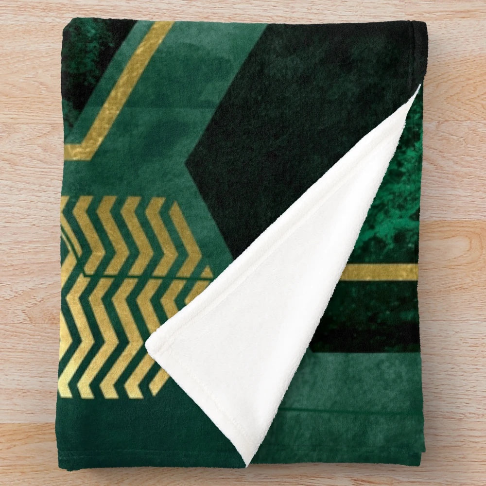 Emerald green plush blanket with hexagon and polygon geometric pattern