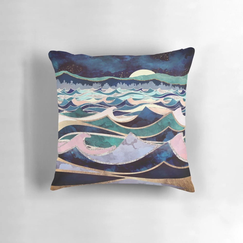 Moonlit ocean-themed decorative pillow with shimmering gold and silver accents