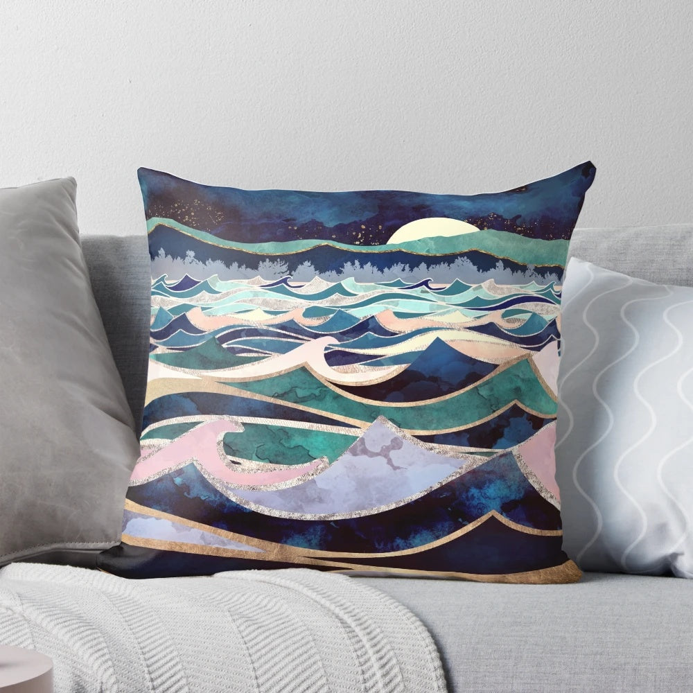 Moonlit ocean-themed decorative pillow with shimmering gold and silver accents