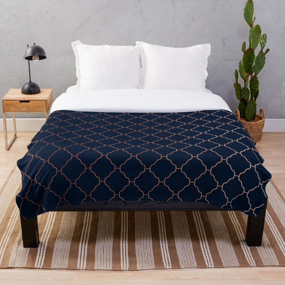 Navy blue and copper seamless pattern plush blanket