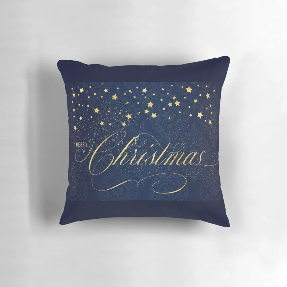 Navy blue and gold leaf Christmas pillow with scattered star design, a cozy and elegant holiday home decor accent.