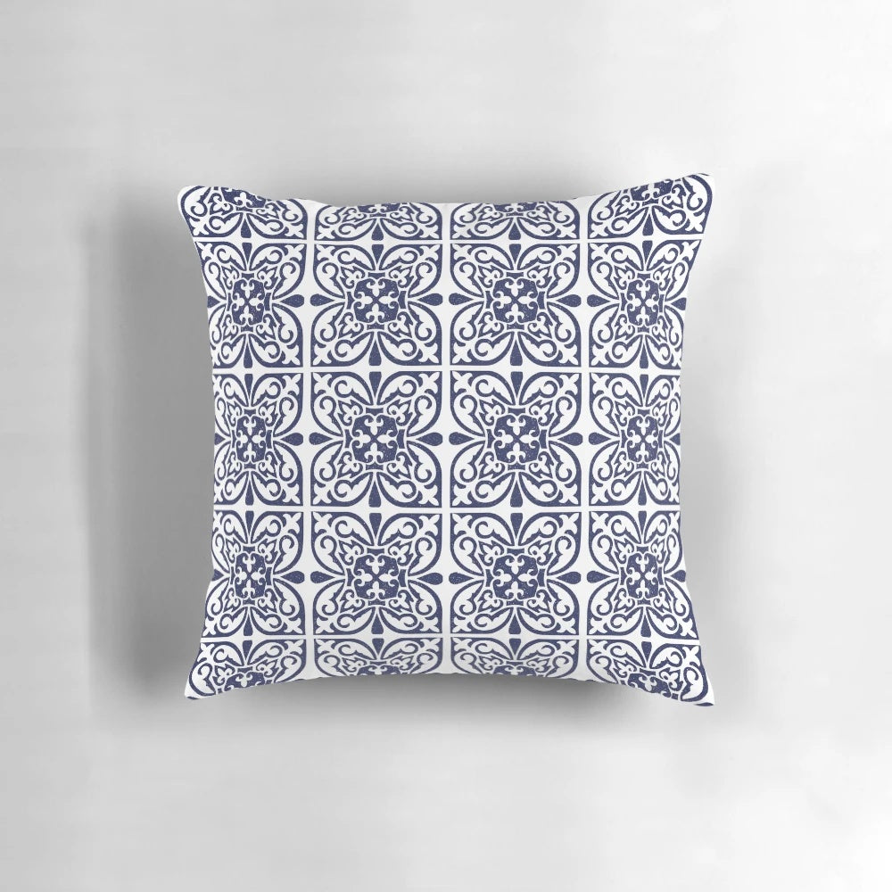 Navy blue, white, and indigo Moroccan trellis lattice pattern decorative throw pillow