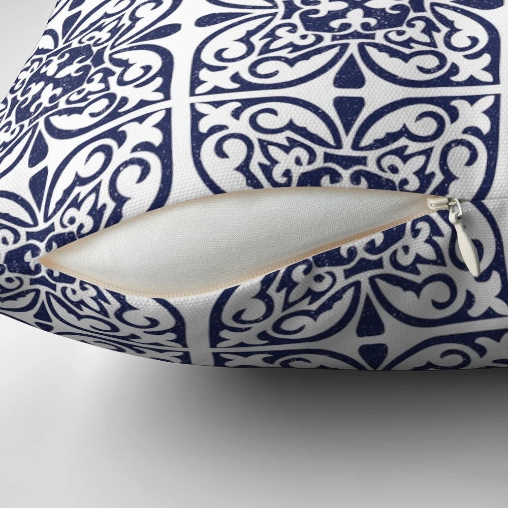 Navy blue, white, and indigo Moroccan trellis lattice pattern decorative throw pillow
