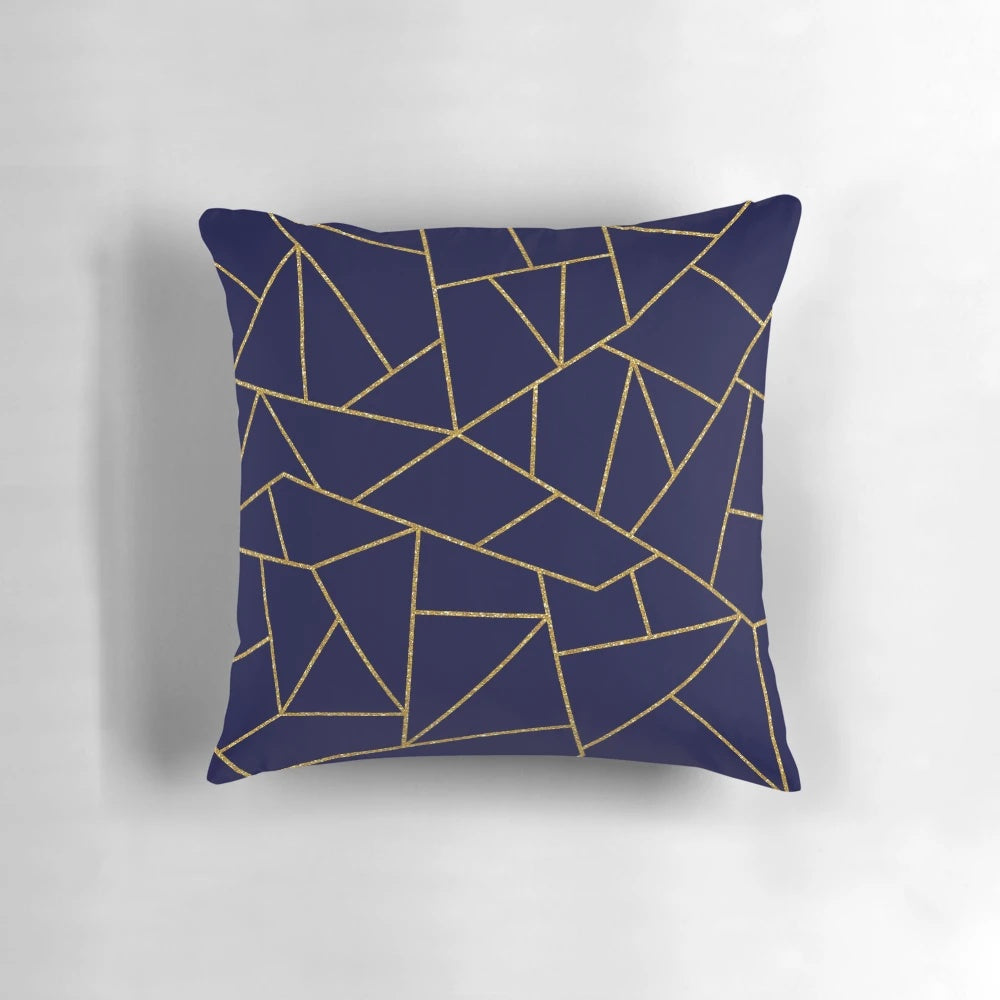 Navy blue throw pillow featuring a gold glitter abstract pattern design