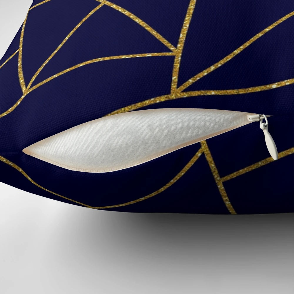 Navy blue throw pillow featuring a gold glitter abstract pattern design