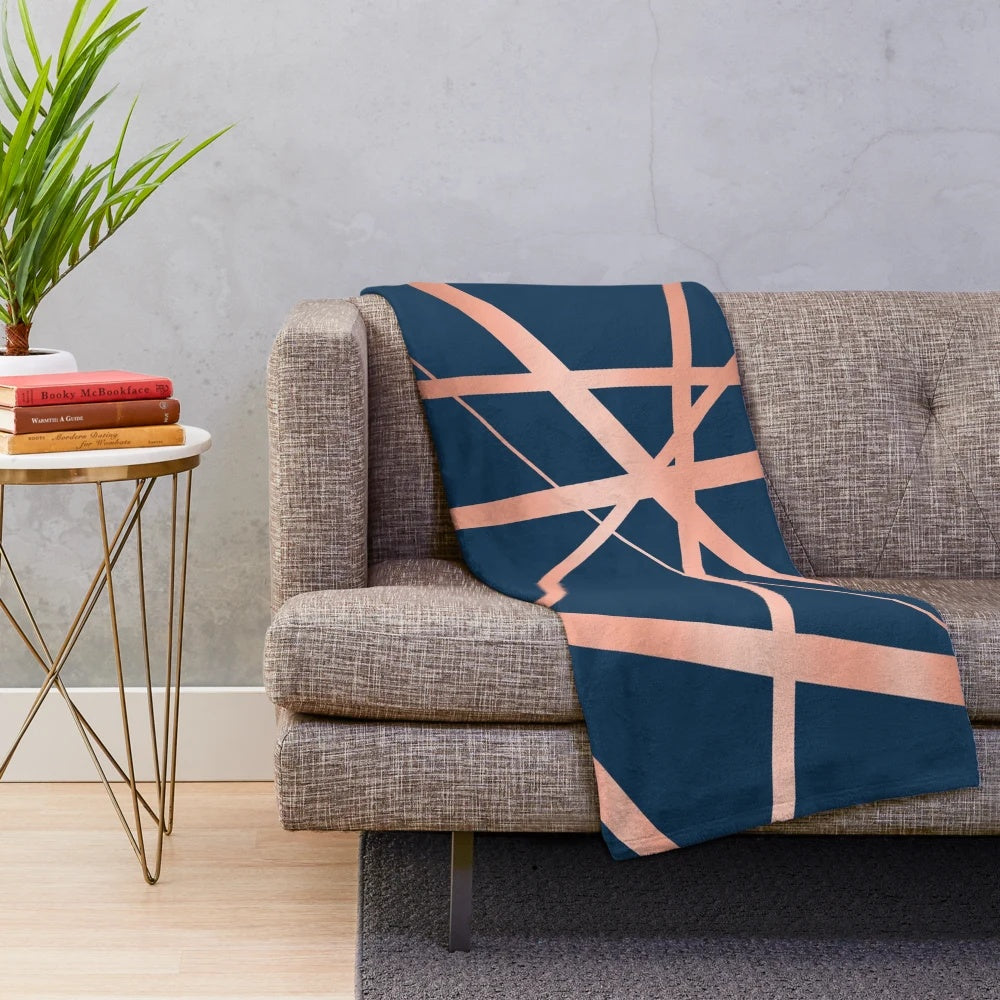 Soft, modern navy blue and rose gold geometric plush blanket
