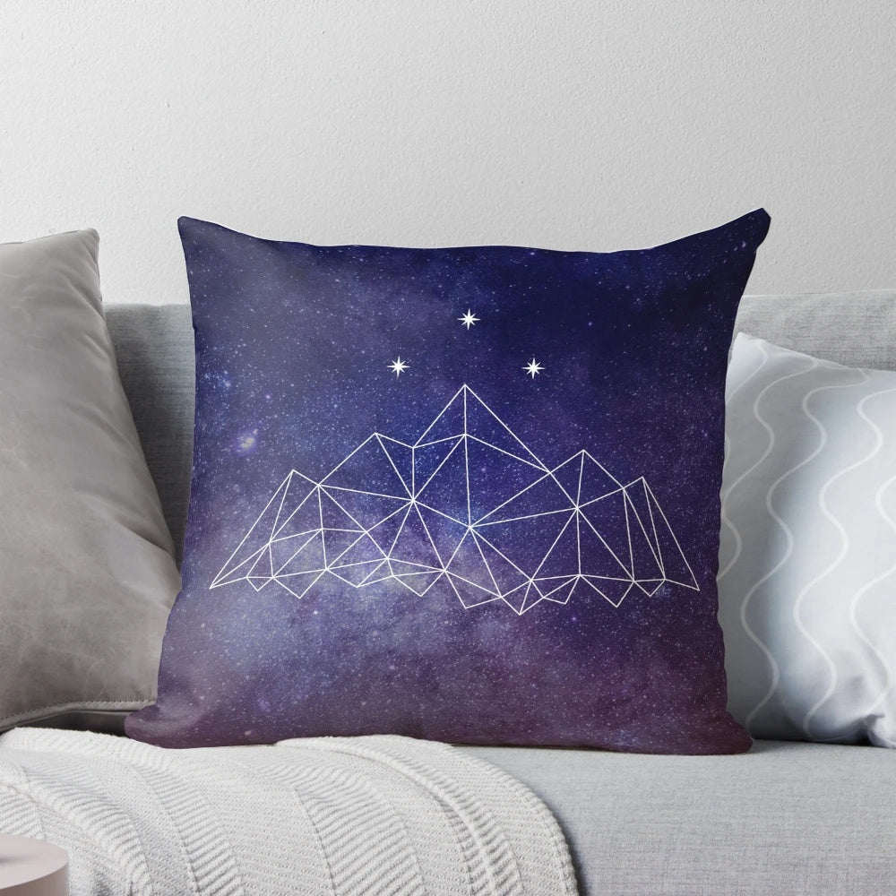 Beautifully designed Night Court pillow with stars and mountains, perfect for ACOTAR fans.