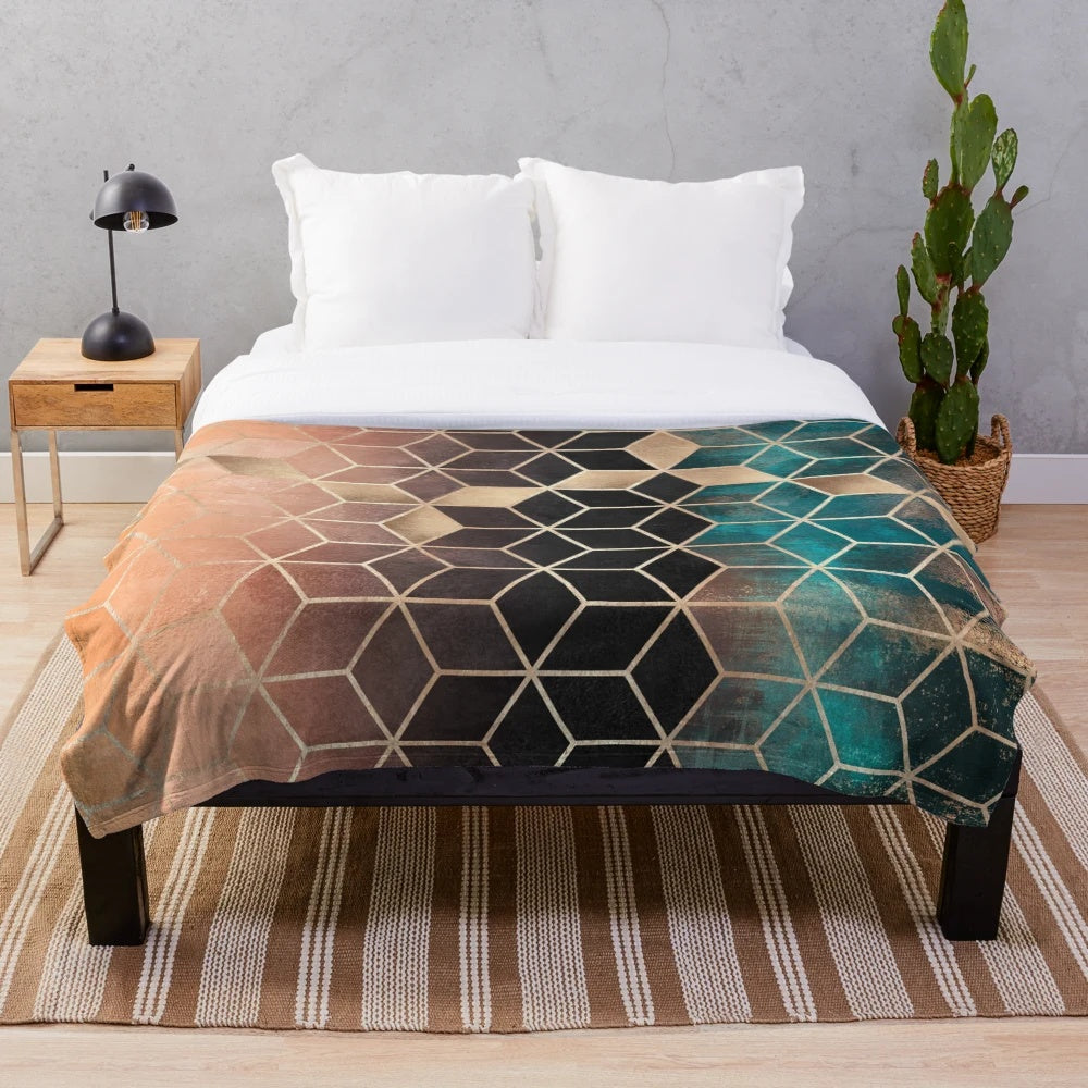 Ombre patterned plush blanket with geometric cube design
