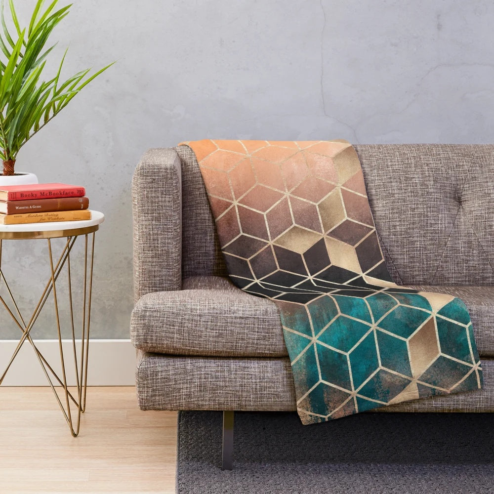 Ombre patterned plush blanket with geometric cube design