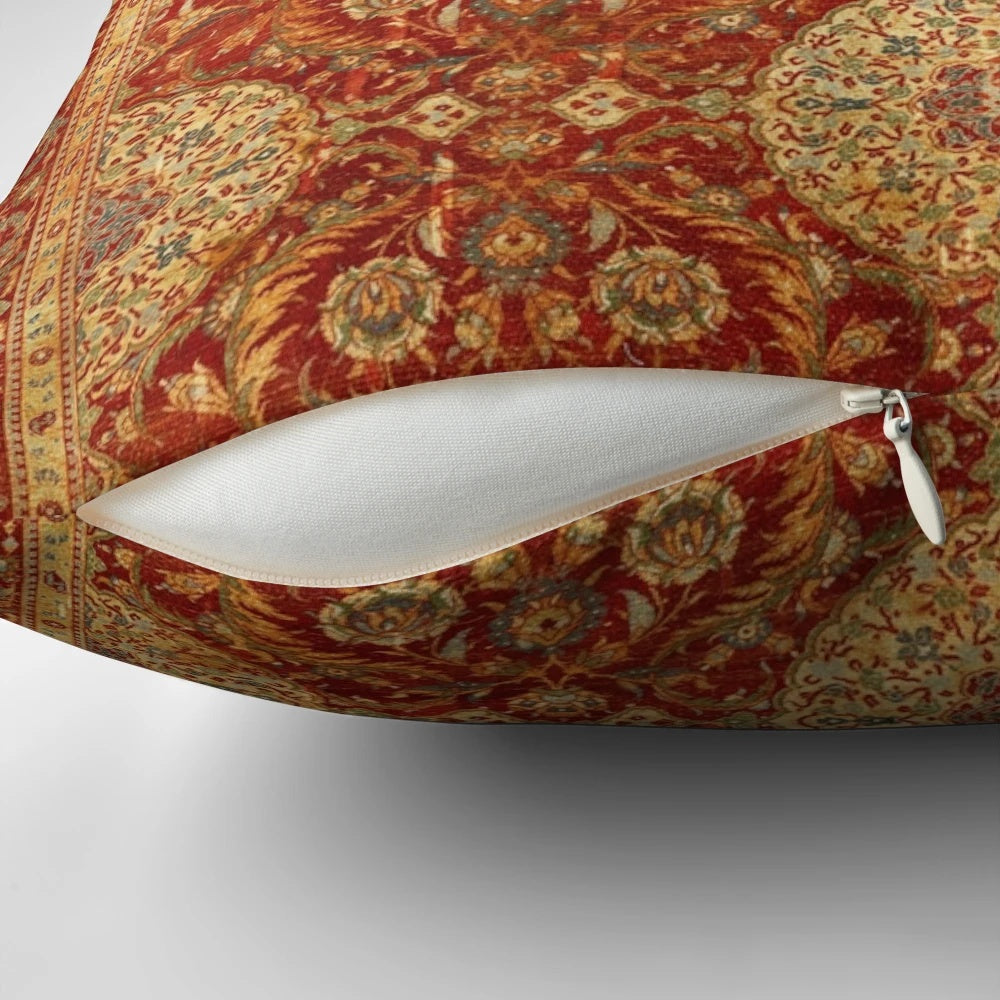 Ornate 16th century Ottoman court-inspired carpet print pillow with rich red, gold, and floral patterns