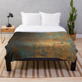 Closeup of an oxidized copper plush blanket with a metallic sheen