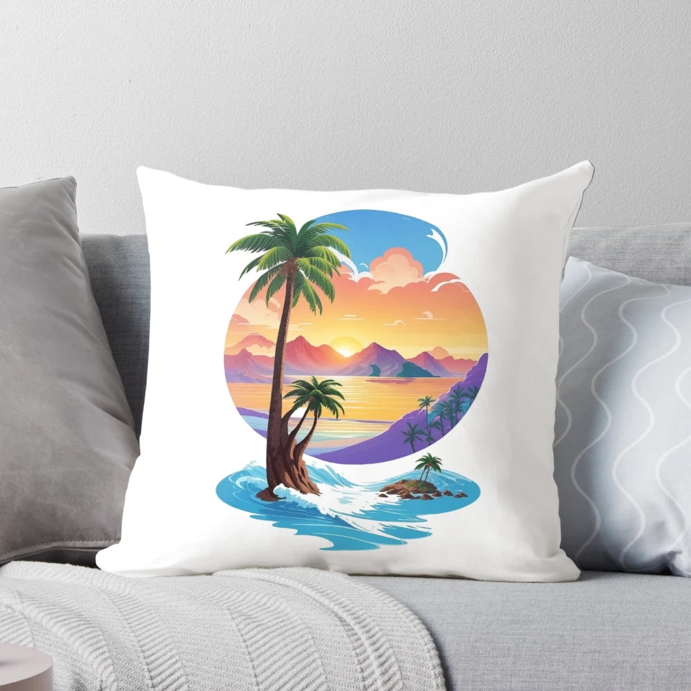 Serene paradise island landscape with lush palm trees and crystal-clear waters