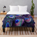 Peacock feather plush blanket with blue and purple texture pattern