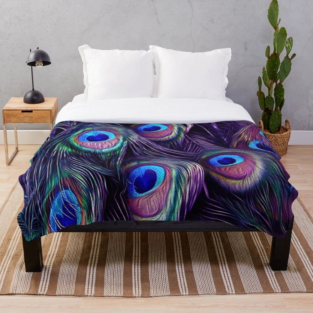 Peacock feather plush blanket with blue and purple texture pattern