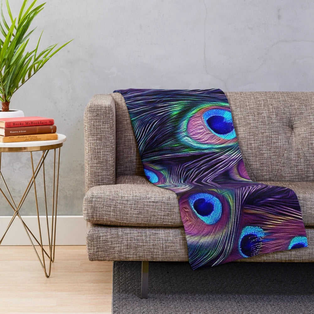 Peacock feather plush blanket with blue and purple texture pattern