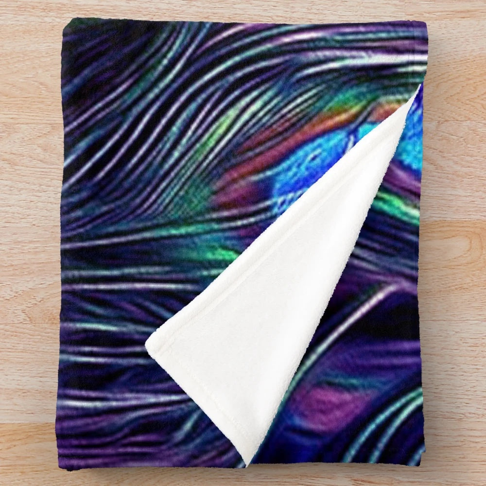 Peacock feather plush blanket with blue and purple texture pattern