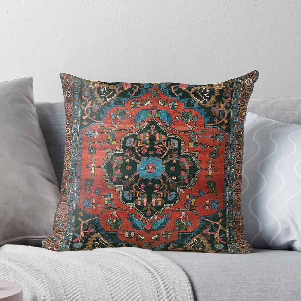 A plush, decorative Persian-style pillow in a rich, mystic red color.