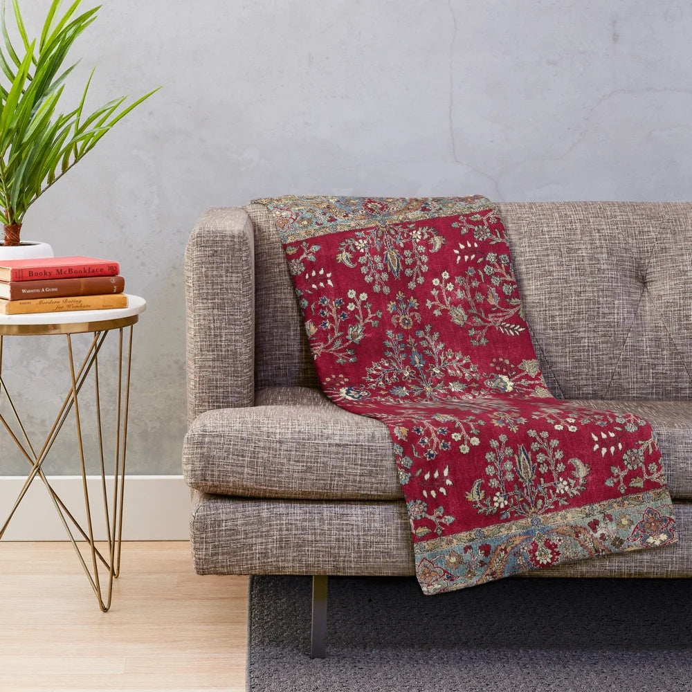 Persian-inspired plush blanket with floral and geometric patterns