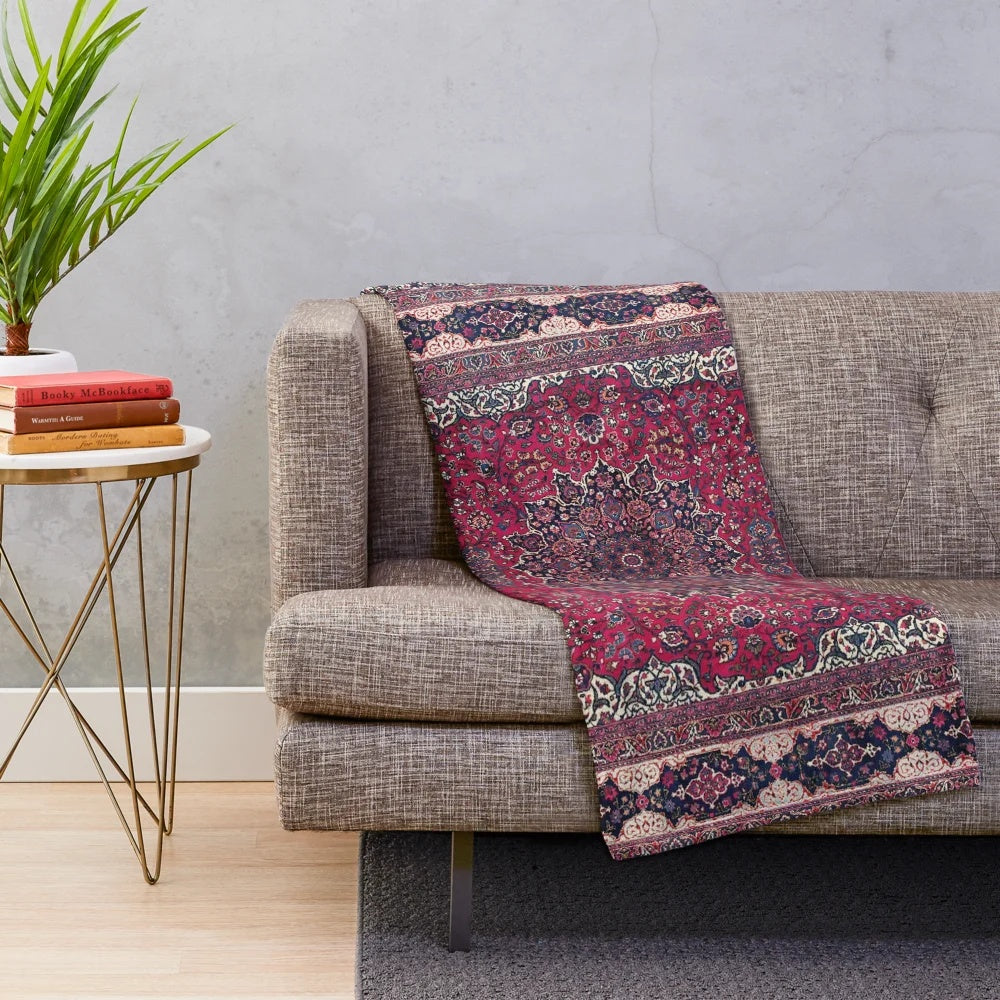 Persian-inspired plush blanket with saber meshed carpet print