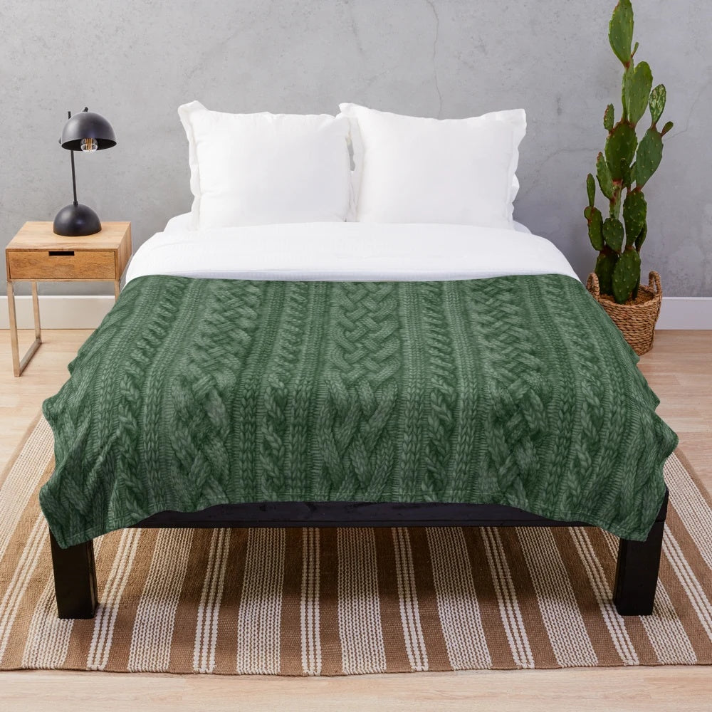 Pine green cable knit plush blanket