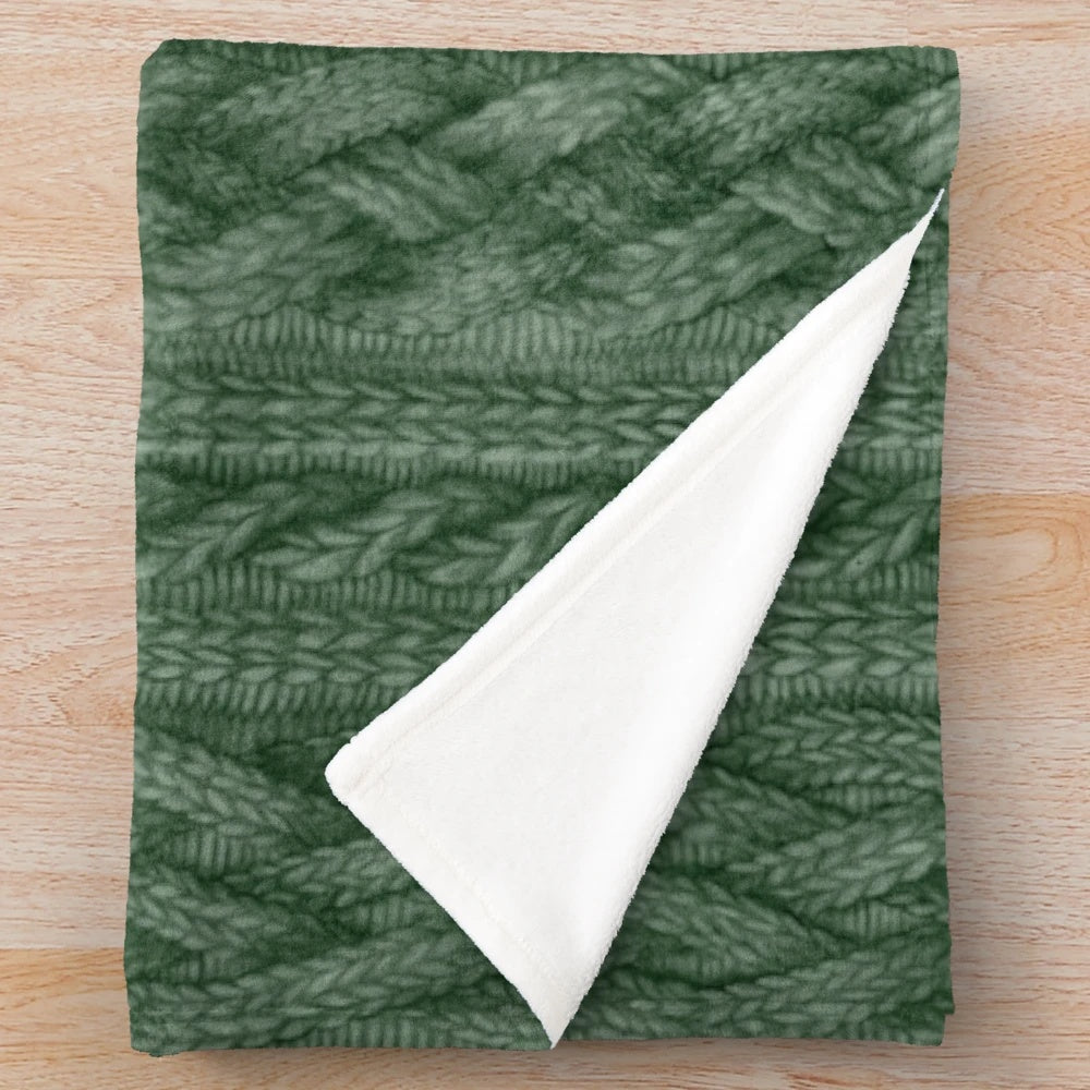 Pine green cable knit plush blanket