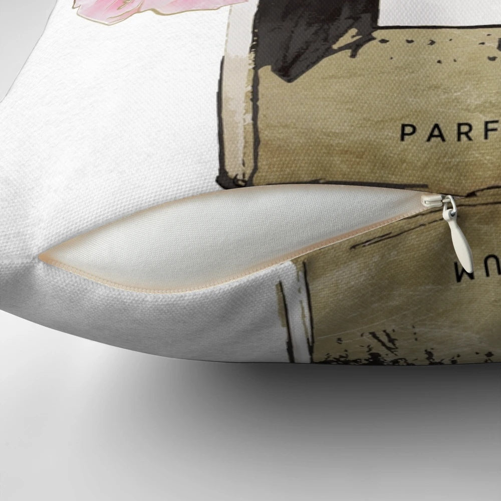 Plush pink peony scented pillow with golden accents, inspired by the allure of Parisian perfumes.