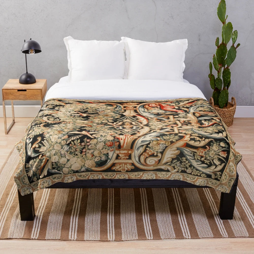 Plush blanket with antique French Gobelins Aubusson tapestry print