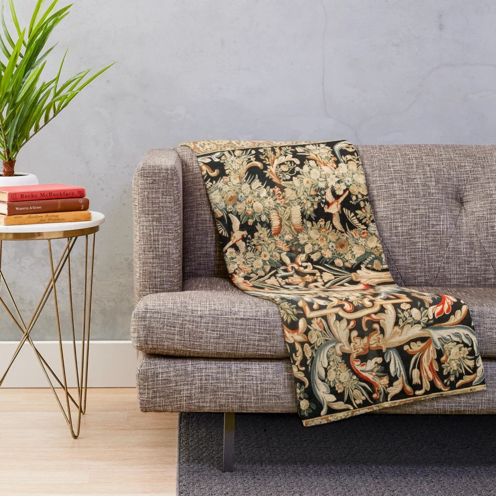 Plush blanket with antique French Gobelins Aubusson tapestry print