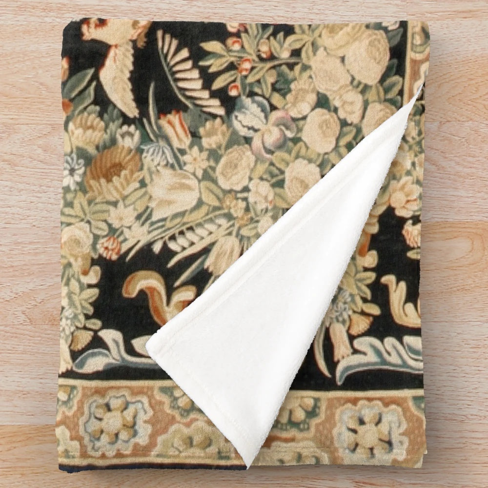 Plush blanket with antique French Gobelins Aubusson tapestry print