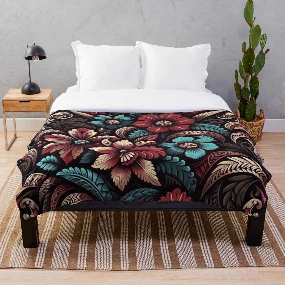 Lush plush blanket in tropical island pattern with floral and cultural motifs