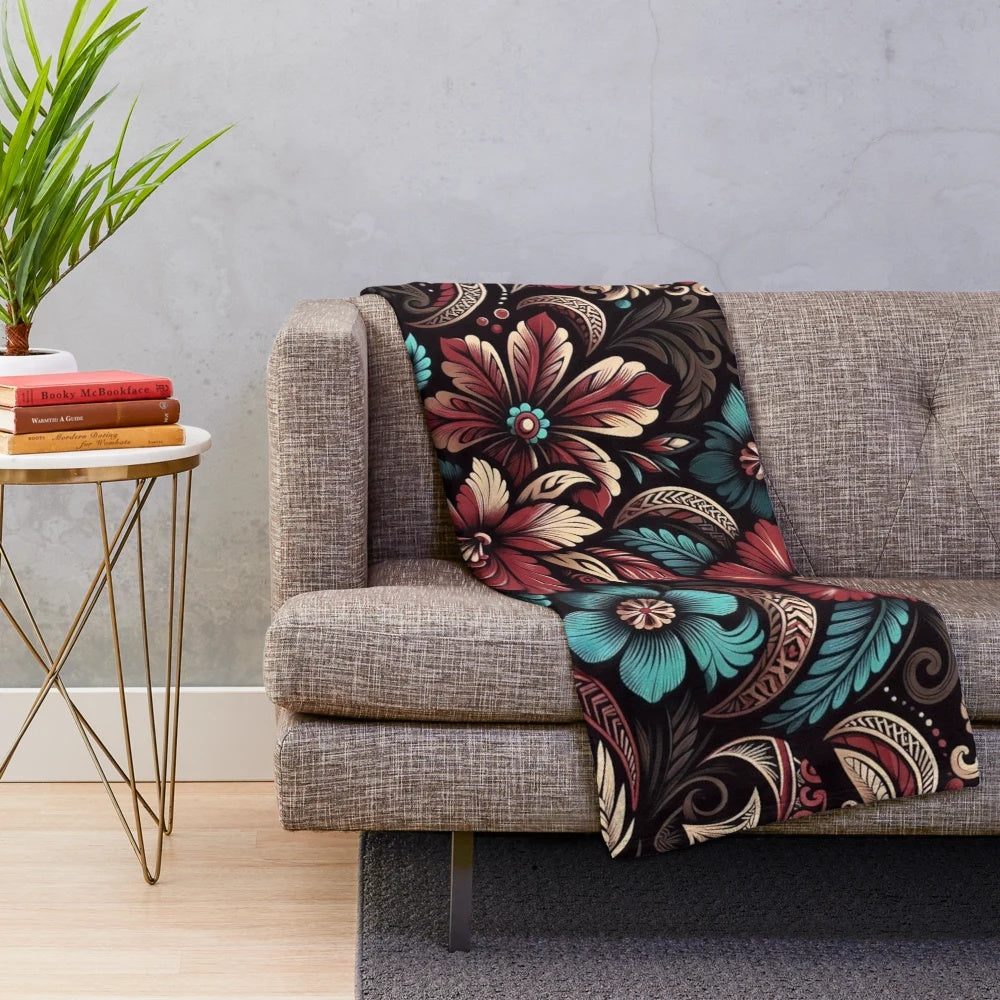 Lush plush blanket in tropical island pattern with floral and cultural motifs