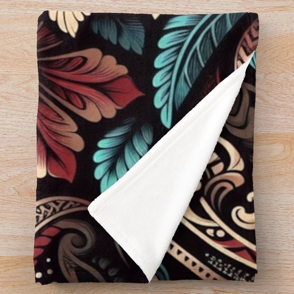 Lush plush blanket in tropical island pattern with floral and cultural motifs