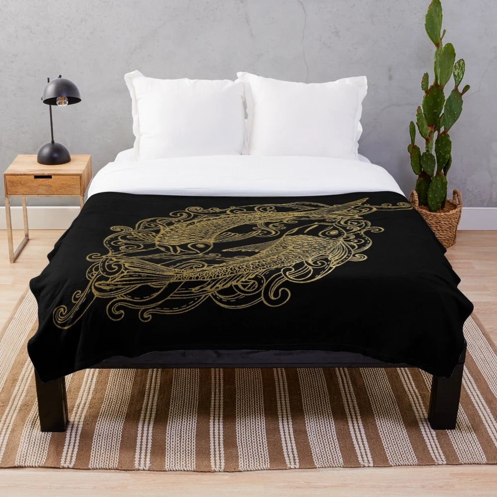 Plush blanket with two beautiful golden koi fish design