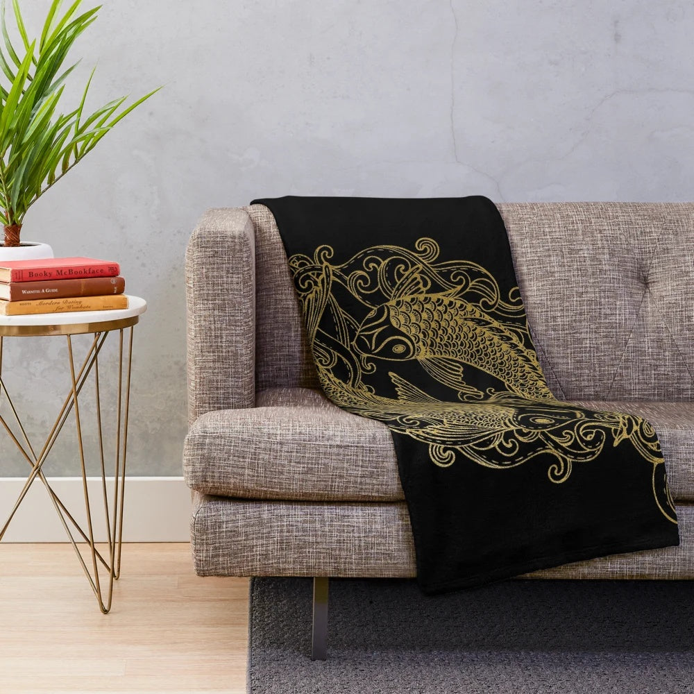 Plush blanket with two beautiful golden koi fish design