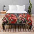 Plush blanket featuring a vibrant Japanese woodcut style illustration of a red and black dragon