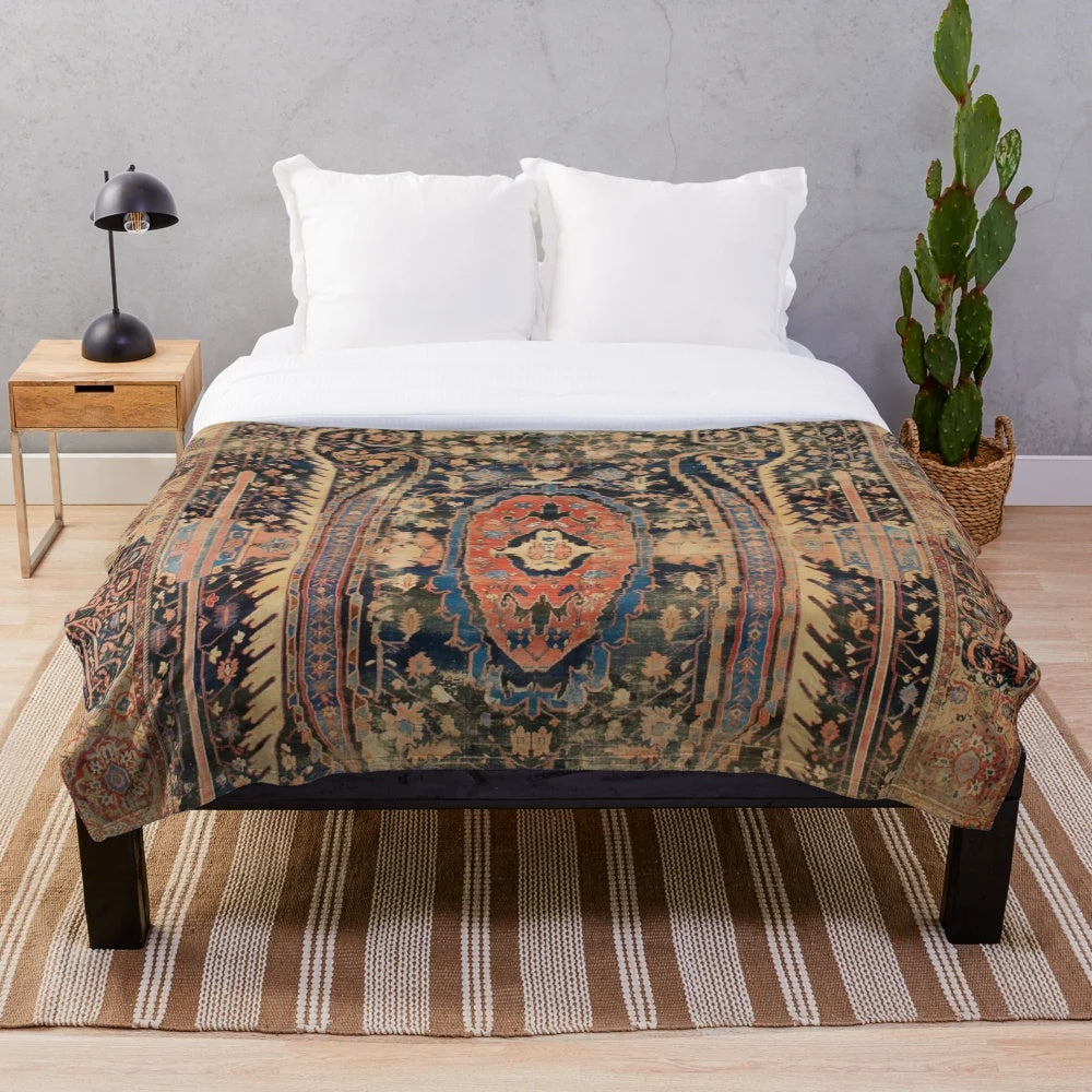 Ziegler Rug Inspired Plush Blanket with Floral and Geometric Patterns