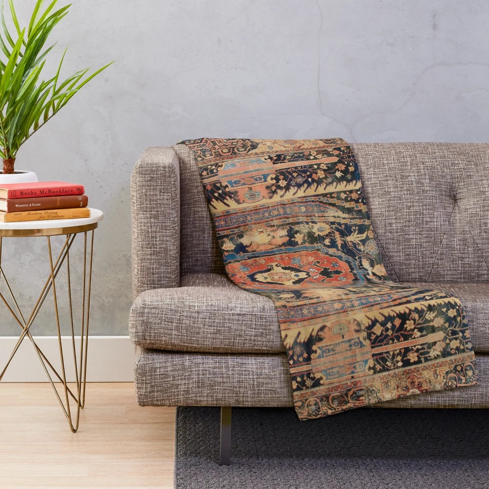 Ziegler Rug Inspired Plush Blanket with Floral and Geometric Patterns