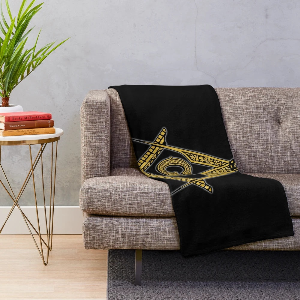 Soft and cozy plush blanket featuring Freemason symbols in black and gold
