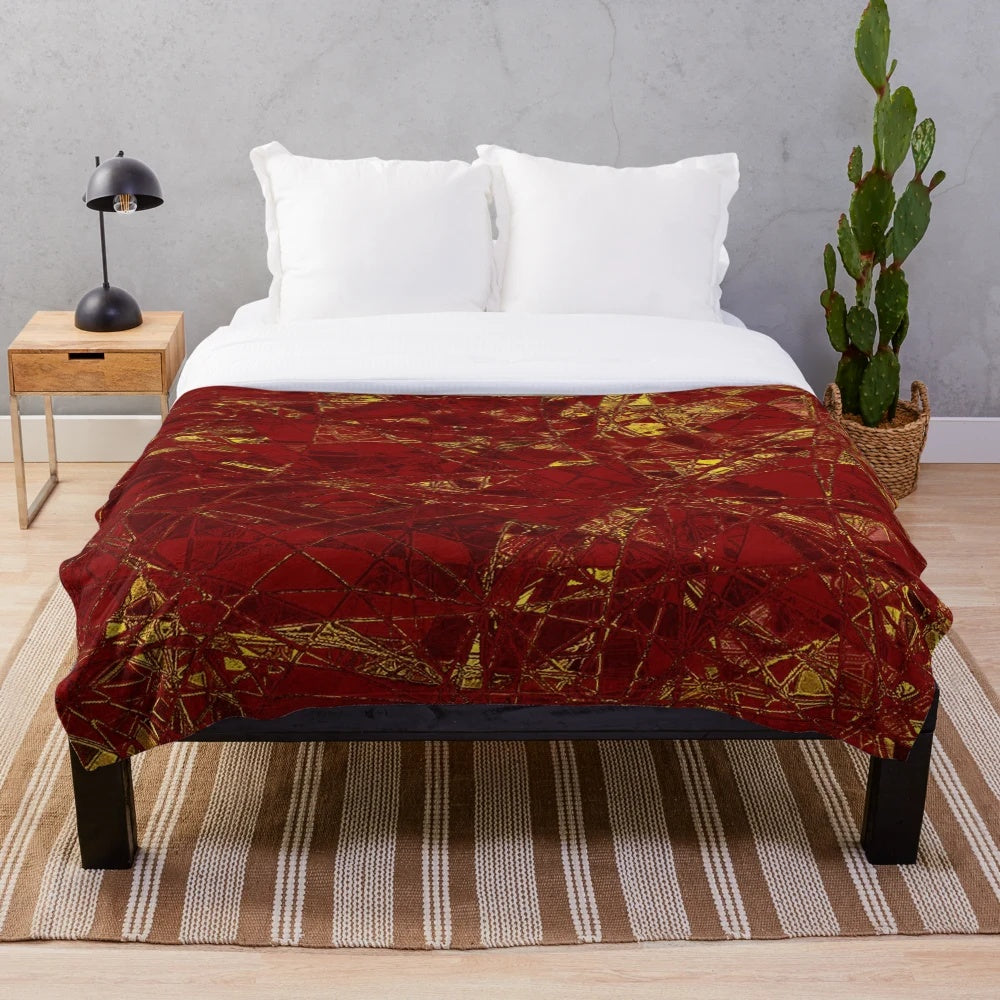 Aurelia - Luxurious plush metallic geometric blanket in red and gold