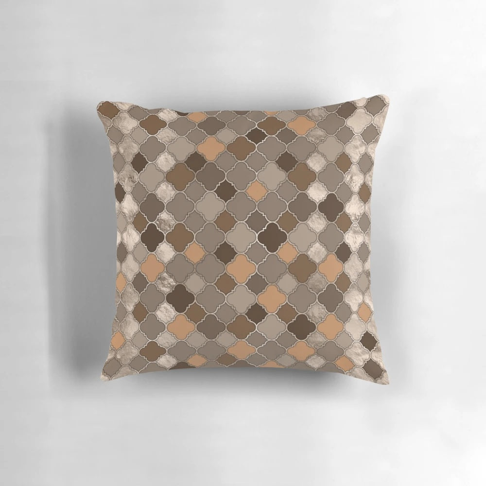 Quatrefoil Moroccan pastel brown and metallic accent pillow