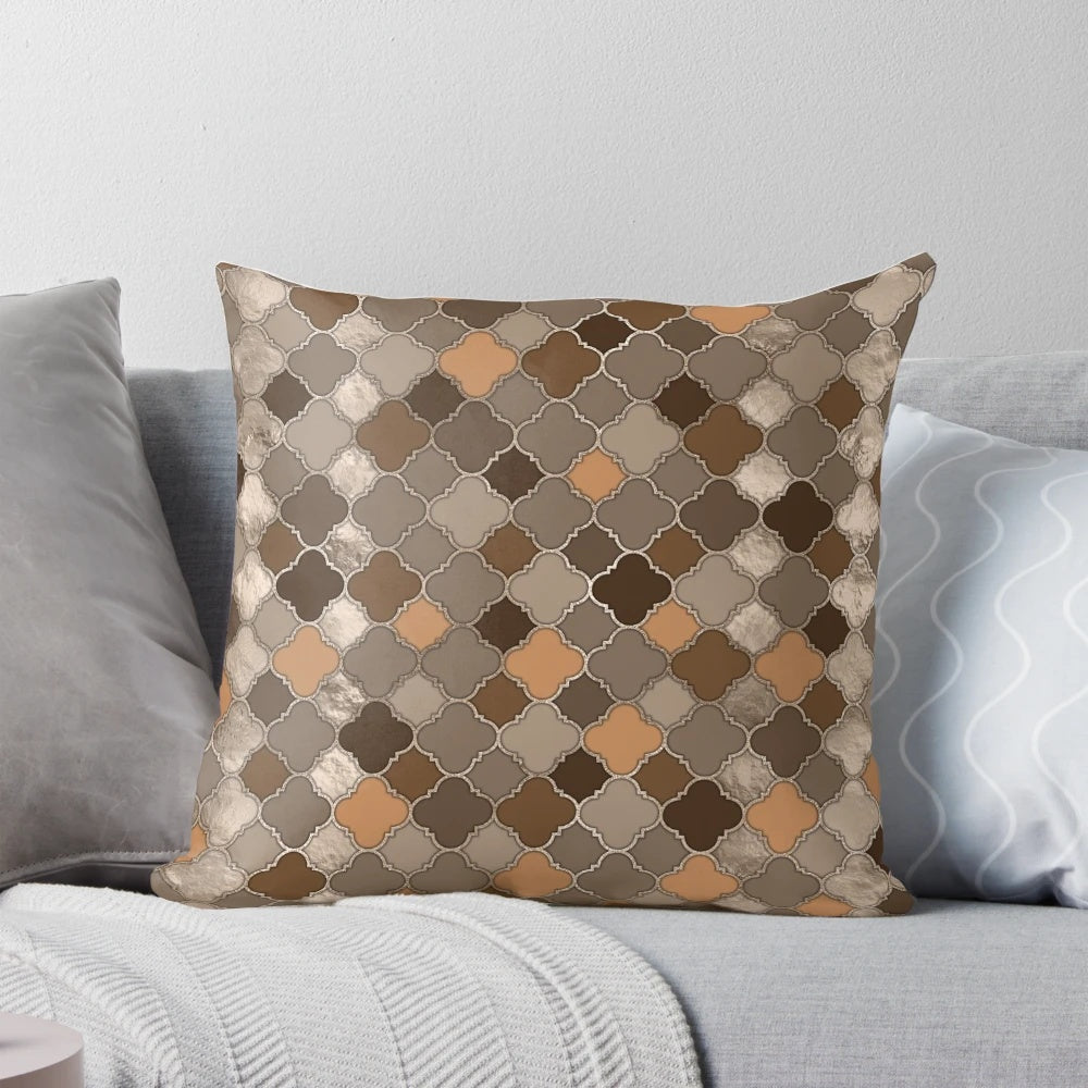 Quatrefoil Moroccan pastel brown and metallic accent pillow