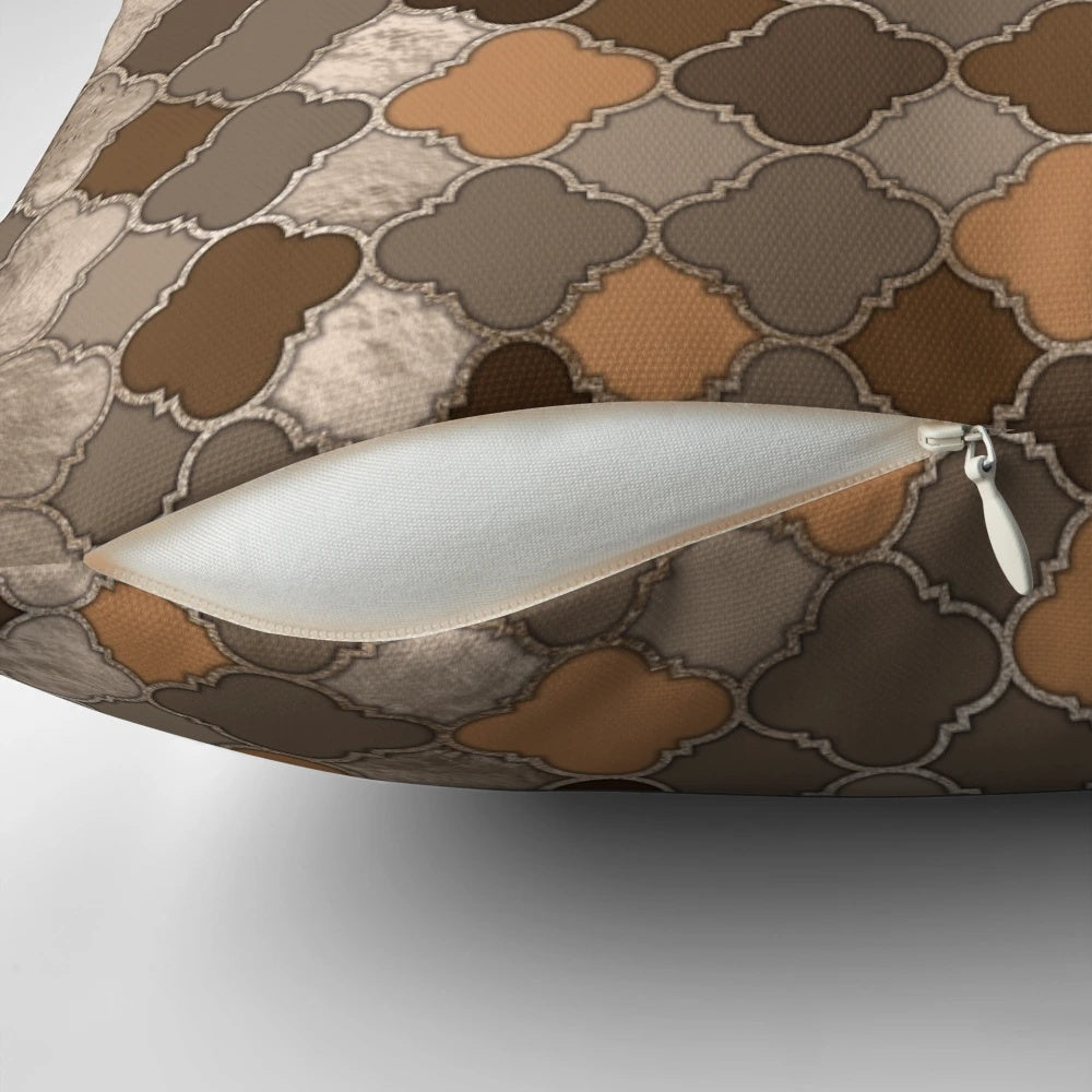 Quatrefoil Moroccan pastel brown and metallic accent pillow
