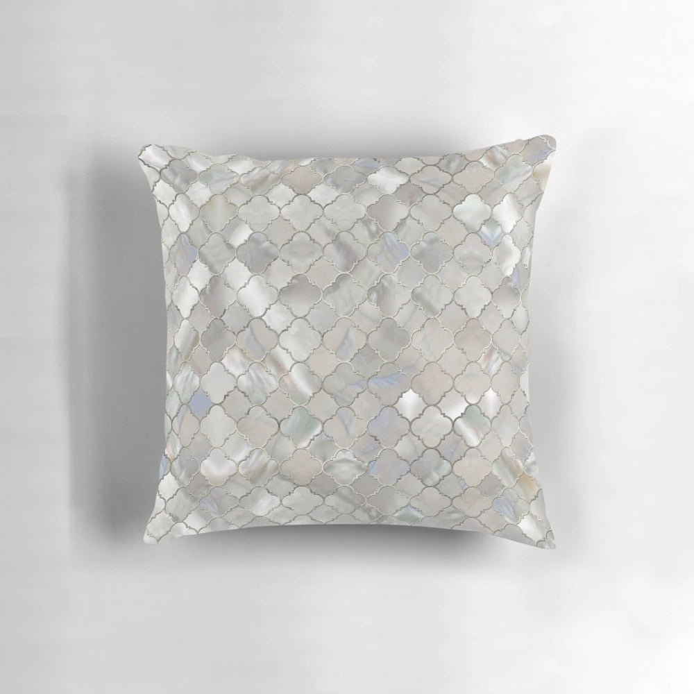 Quatrefoil Moroccan pattern pillow made with mother of pearl, a natural gemstone